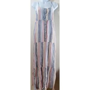 Splendid White Blue Pink Striped Promenade Button Front Maxi Dress Large Linen